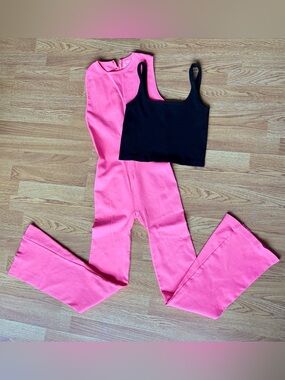 OQQ hot pink sleeveless flare jumpsuit stretchy bodycon ribbed Barbie & top sz L